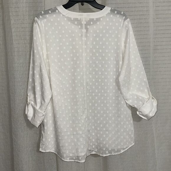 Van Heusen L White Cotton Swiss Dot Long Tab Roll up Sleeve V-Neck Top - Picture 7 of 14